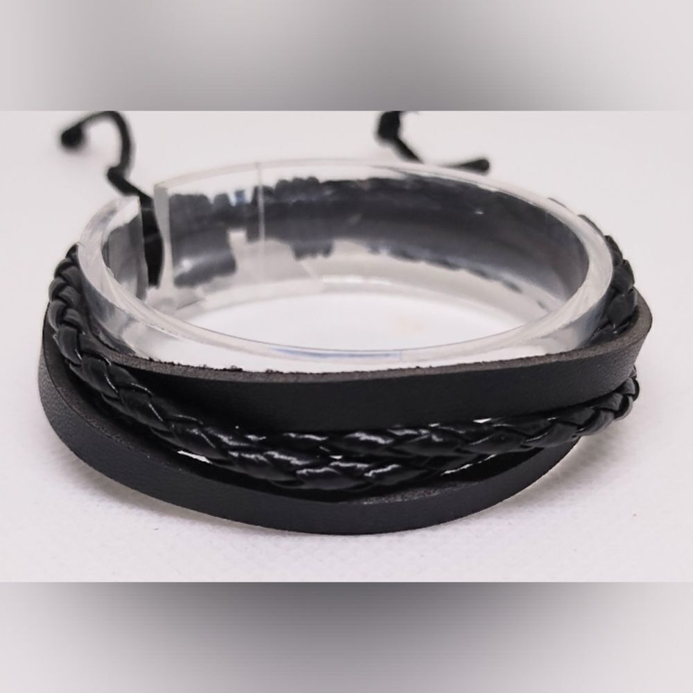 Men's leather bracelet braided layered black new e50‎
